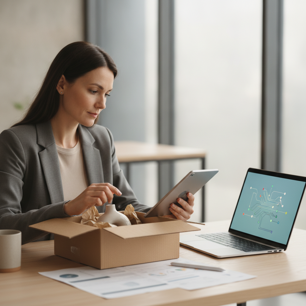 Ecommerce support manager reviewing a shipping resolution case at a desk with an open package and laptop dashboard.
