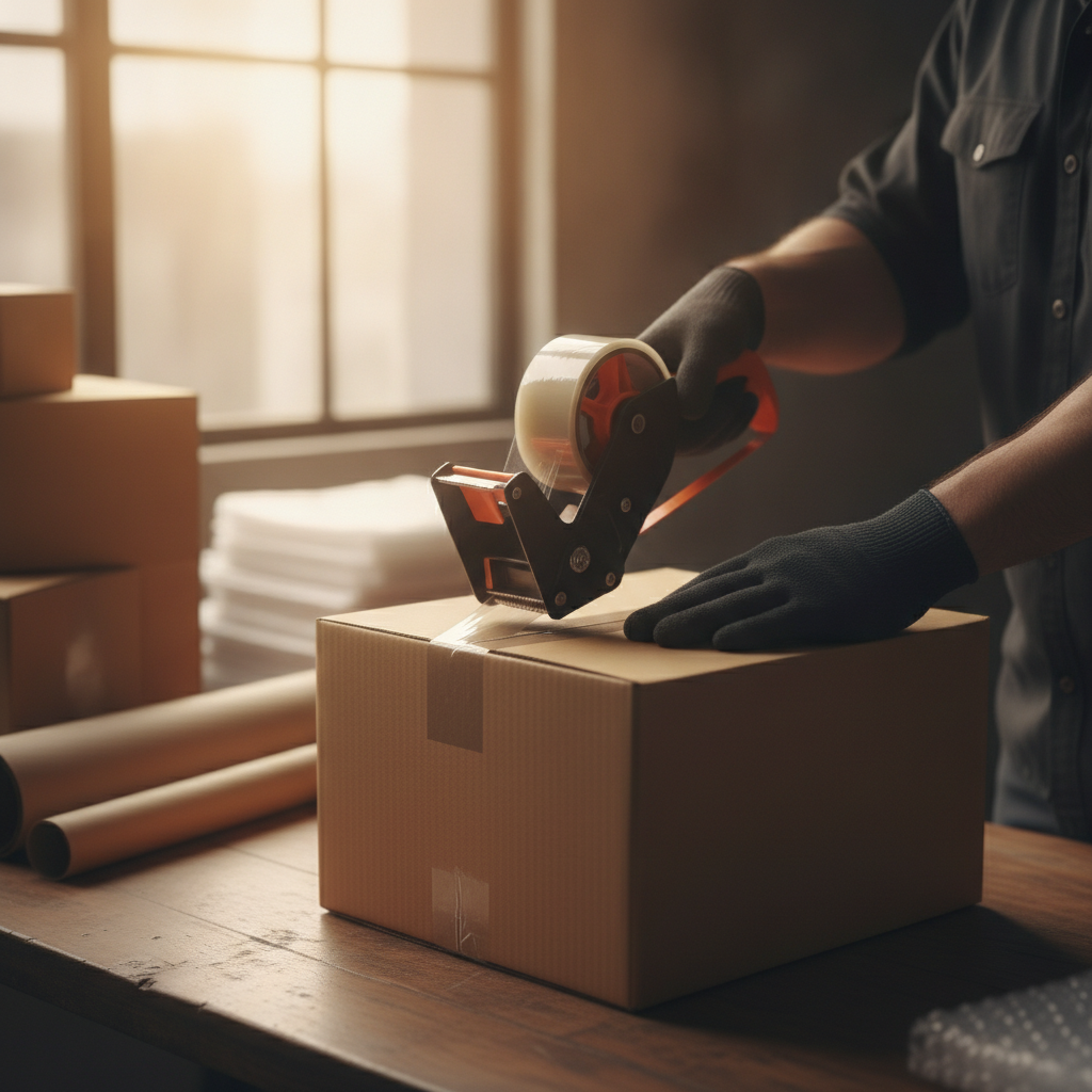 A warehouse worker's hands packing and taping a cardboard shipping box on a fulfillment pack station.