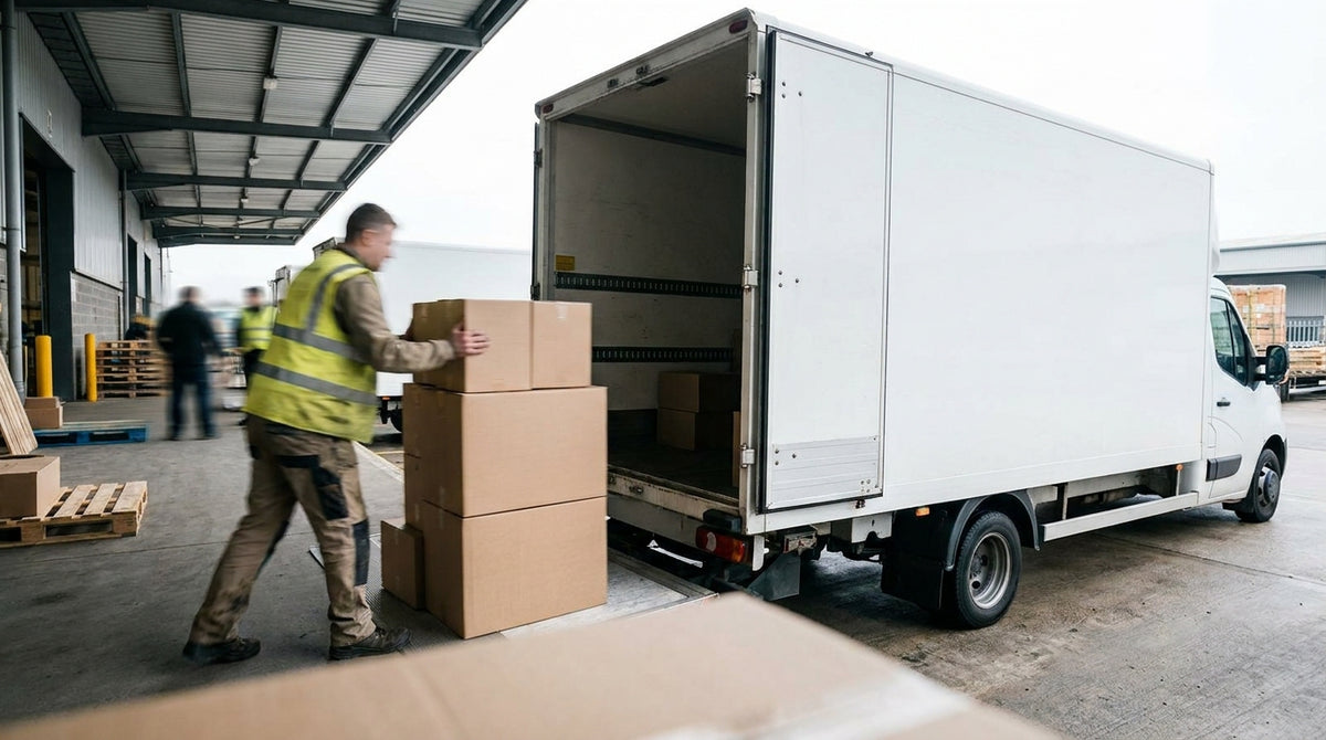 A worker in a hi-vis vest loading boxes onto a delivery truck at a loading dock, representing why B2B safety supply brands win or lose on fulfillment SLAs.