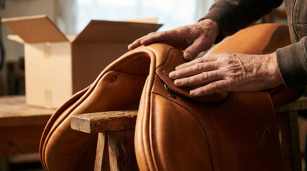 Hands closely inspecting the stitching of a premium leather saddle beside an open shipping box, representing the critical first minutes after a high-value saddle arrives damaged.