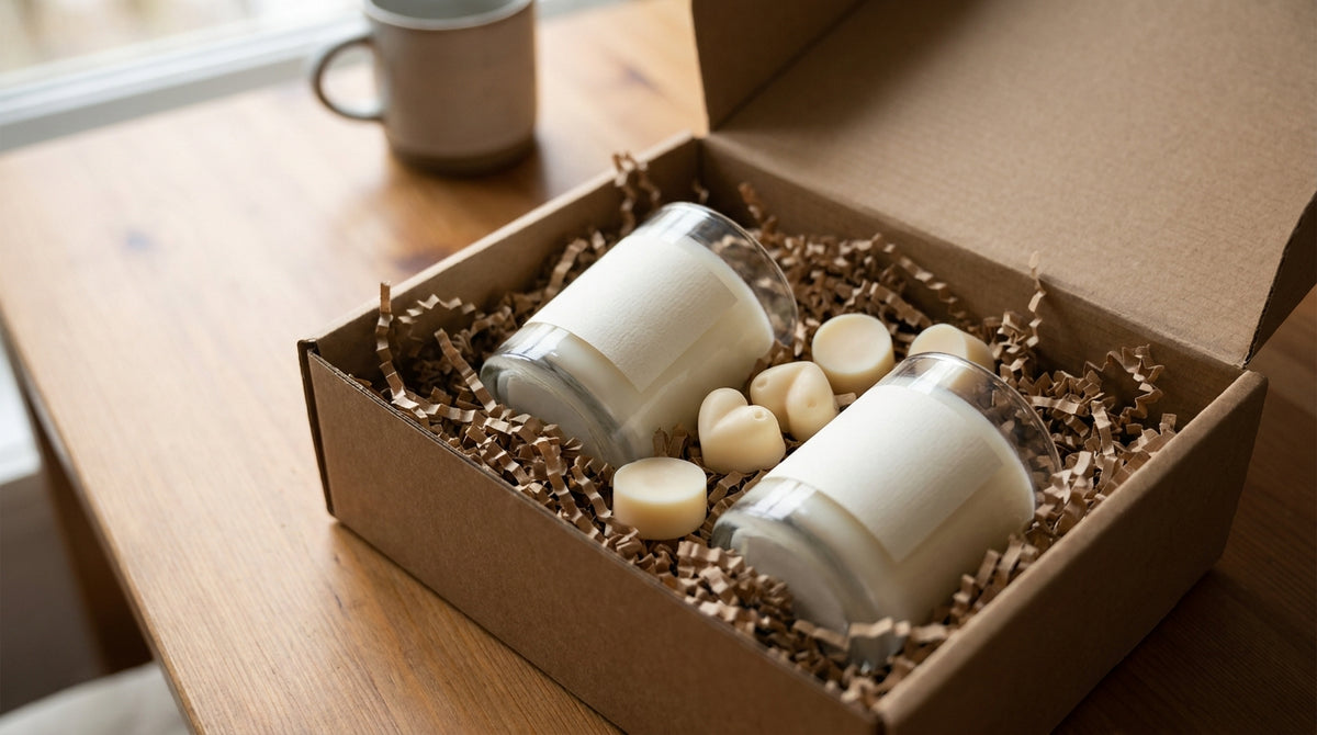 Glass jar candles and wax melts packed with padding in a shipping box, representing why candle and home fragrance brands need a shipping guarantee built for melted wax.