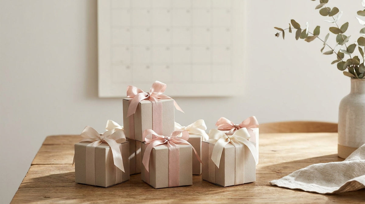 Ribbon-tied wedding favor boxes beside a wall calendar, representing why wedding favor orders cannot miss a date the way other orders can.