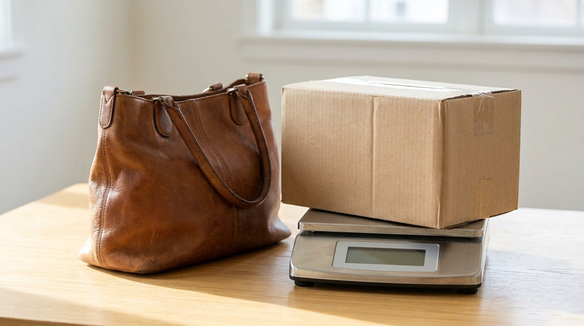 A pre-owned designer handbag beside a shipping box on a scale, representing how resale and consignment marketplaces overpay full retail to ship secondhand items.