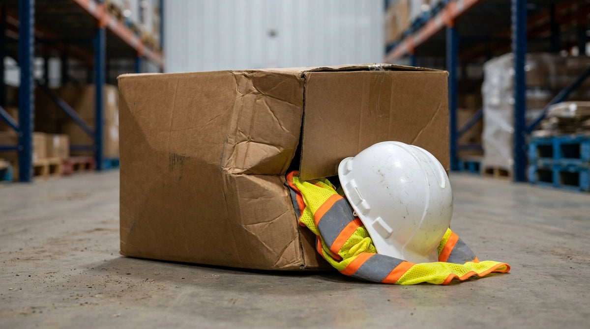 A dented shipping carton with a hard hat and safety gear partially visible in a warehouse, representing why a damaged shipment means something different for a B2B safety supply brand.