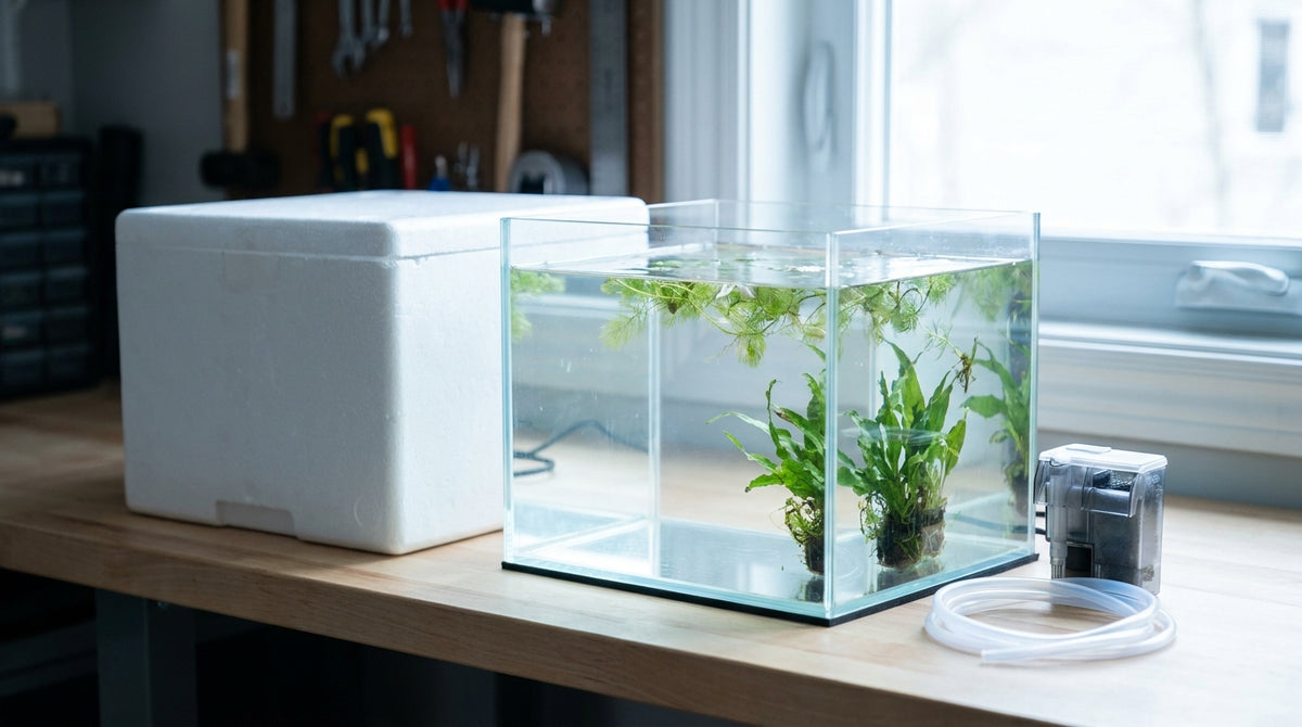 A home aquarium with equipment beside an insulated shipping box, representing how aquarium and exotic pet brands access enterprise shipping rates without volume commitments.