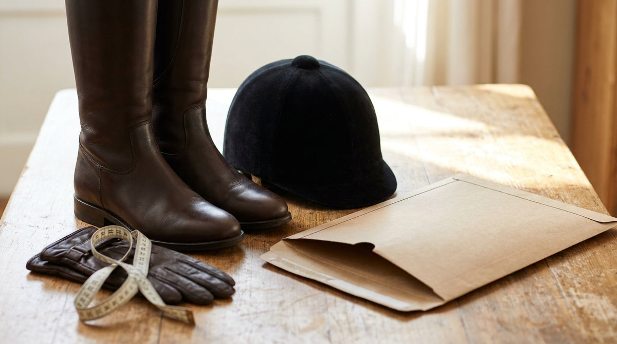 Riding boots, a helmet and gloves with a measuring tape beside a return mailer, representing why tack and equestrian brands need a returns policy built around fit.