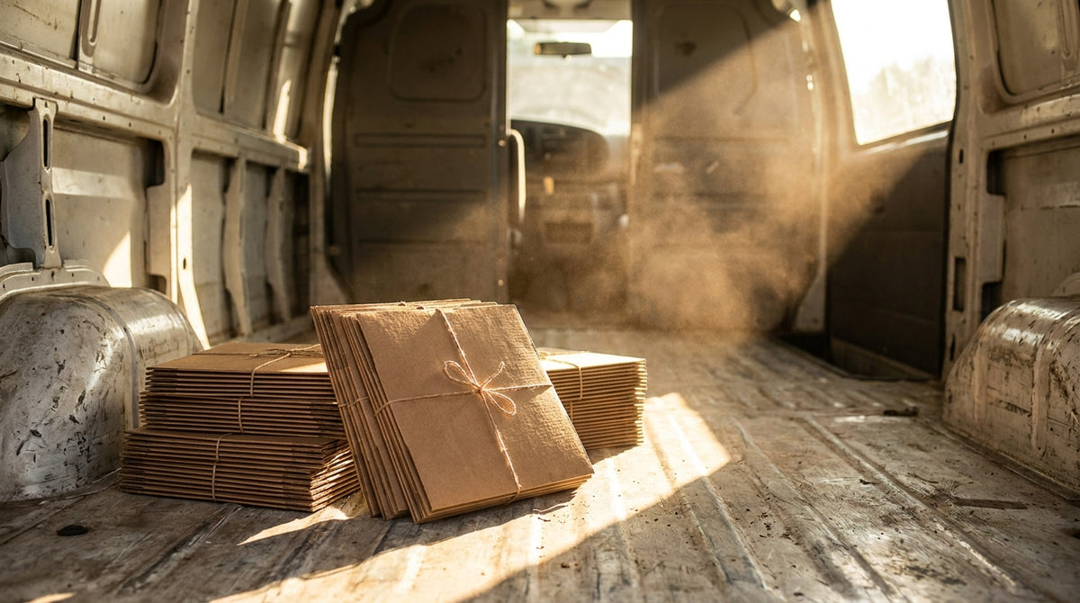 Vinyl records in a flat cardboard mailer inside a hot sunlit delivery van, representing how vinyl and record label shippers overpay to ship something that warps in a hot truck.