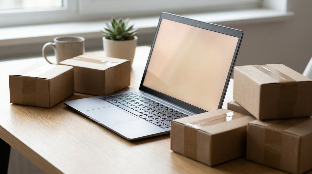 Several parcels from different channels converging beside a laptop on a tidy desk, representing why multichannel sellers need a single resolution front door.