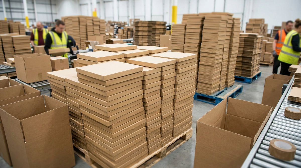 Many plain board game boxes stacked in bulk at a busy packing station, representing how board game publishers keep backer trust in-house during fulfillment surges.