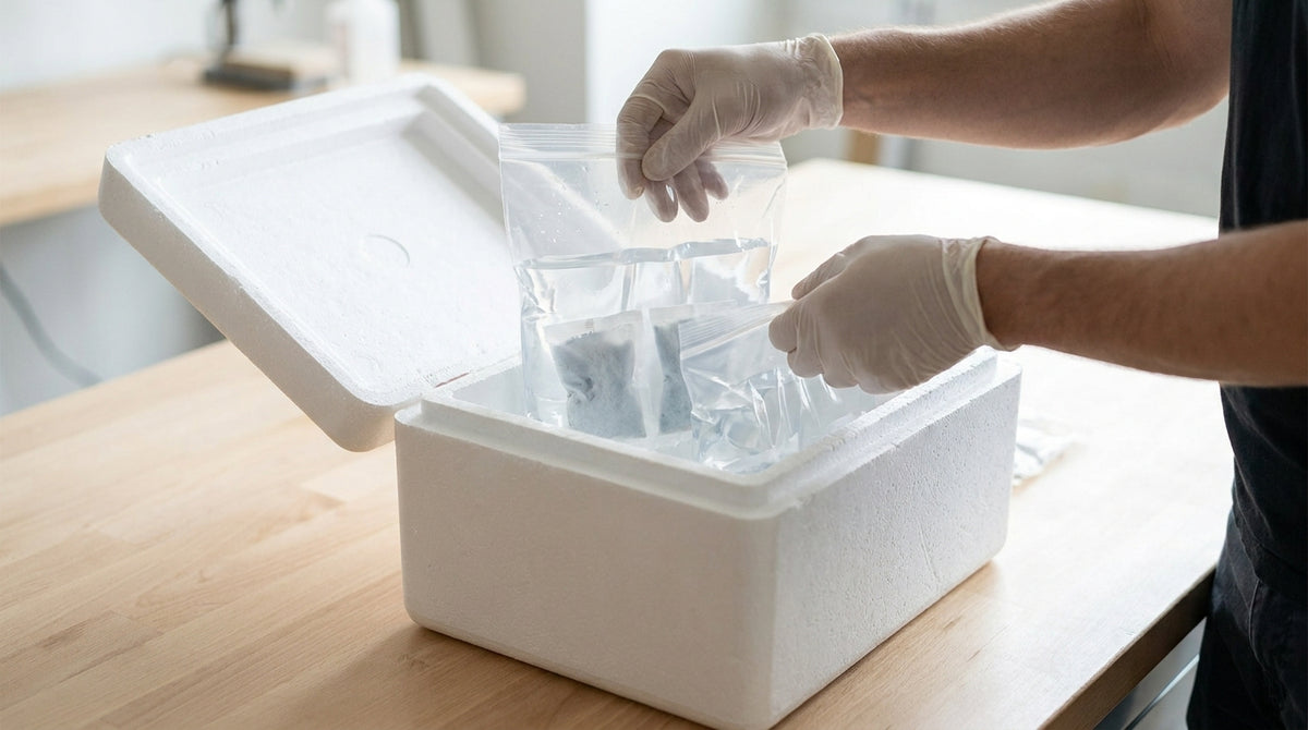 Sealed water transport bags and heat packs being packed into an insulated shipping box, representing why live aquatic and exotic pet shipments need a guarantee built for DOA.