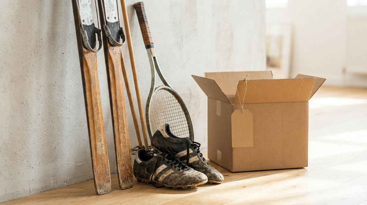 Used sporting goods like skis and a racket with a return mailer and tag, representing setting defensible rent-and-return fees for sporting goods brands.
