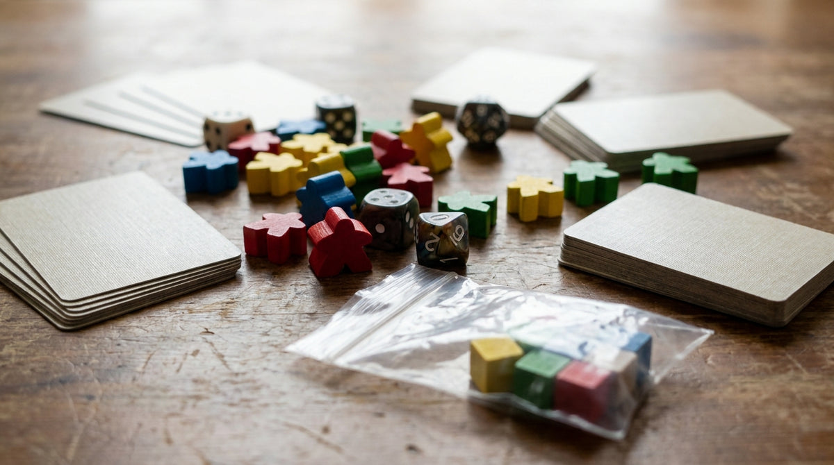 Close-up of board game components, meeples, dice and cards, with a small parts bag, representing a returns policy built for the missing piece rather than the whole box.