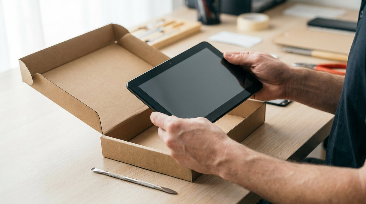 A refurbished tablet in a plain box being inspected on a desk, representing why refurbished electronics need different fraud rules than new inventory.