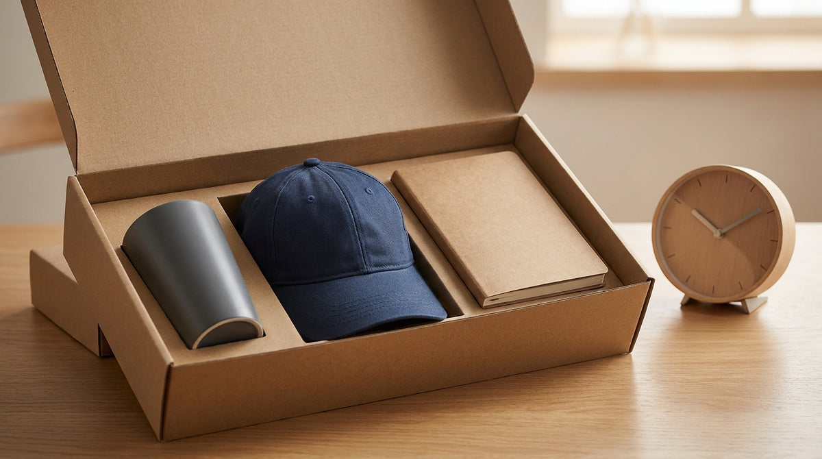 A curated swag box with plain items beside a clock, representing the hidden cost of a late corporate gifting swag box.