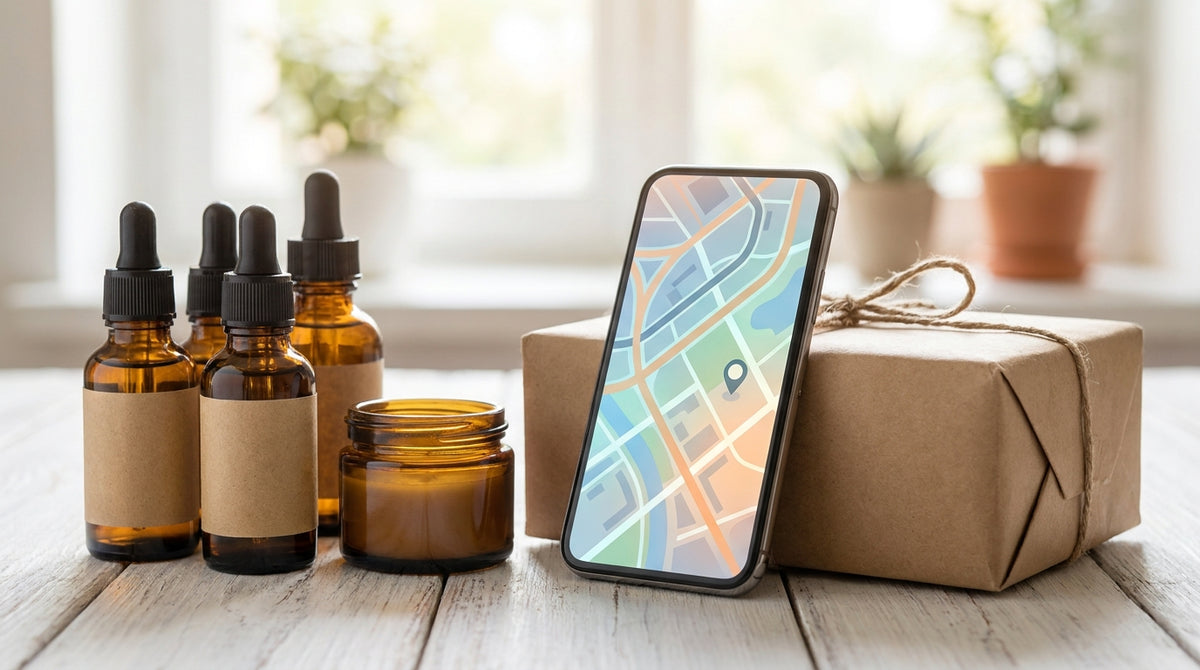 Wellness and CBD products beside a smartphone showing a delivery map and a parcel, representing why CBD and wellness brands need branded tracking.