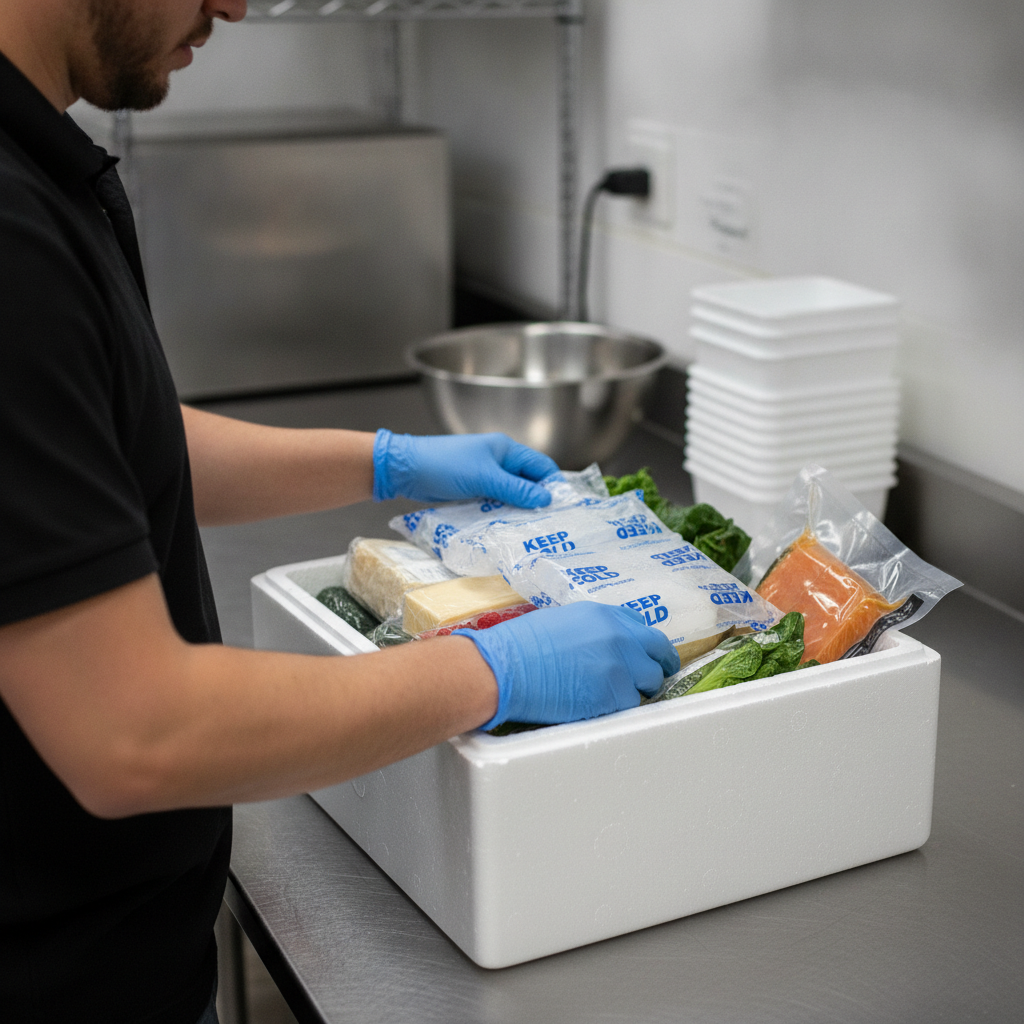 Worker packing perishable food into an insulated box with ice packs, representing freshness guarantees for DTC food brands