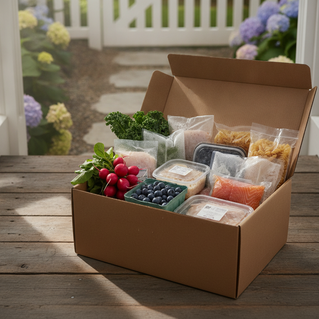 Insulated food delivery box with cold packs opened on a doorstep.