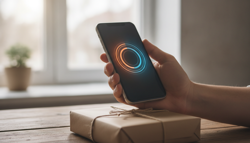 Hand holding a phone near a wrapped package, representing a post-purchase order edit window for Shopify merchants