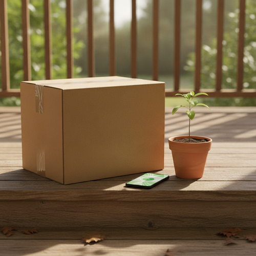 A shipped package beside a small potted sapling with a phone displaying a donation-impact confirmation screen.