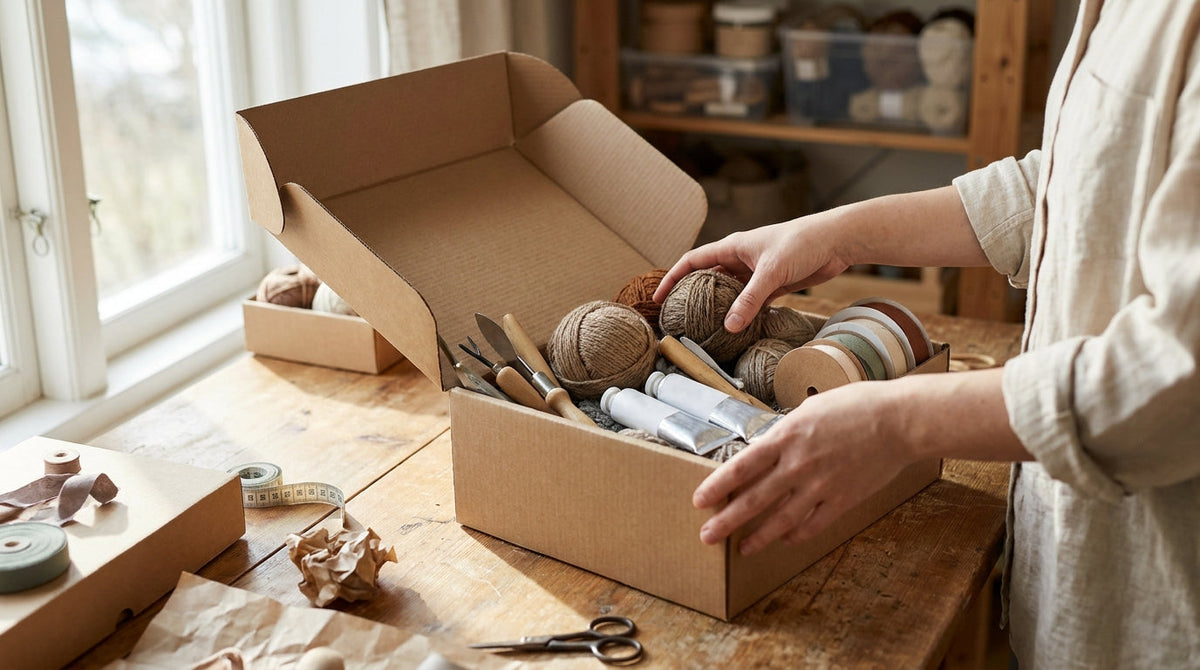 Assorted craft and DIY supplies like yarn, tools and paint packed into a shipping box, representing the hidden cost stack behind every craft and DIY order.