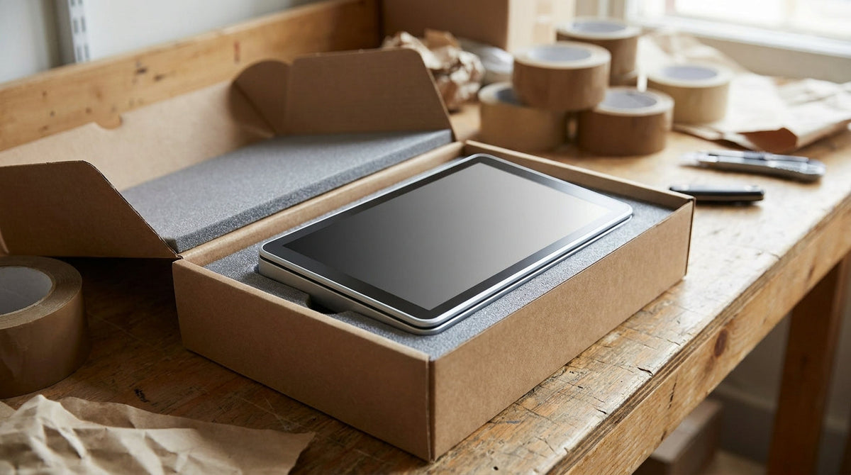 An open-box electronics device in a plain carton on a packing bench, representing why refurbished and open-box sellers cannot afford slow shipping.