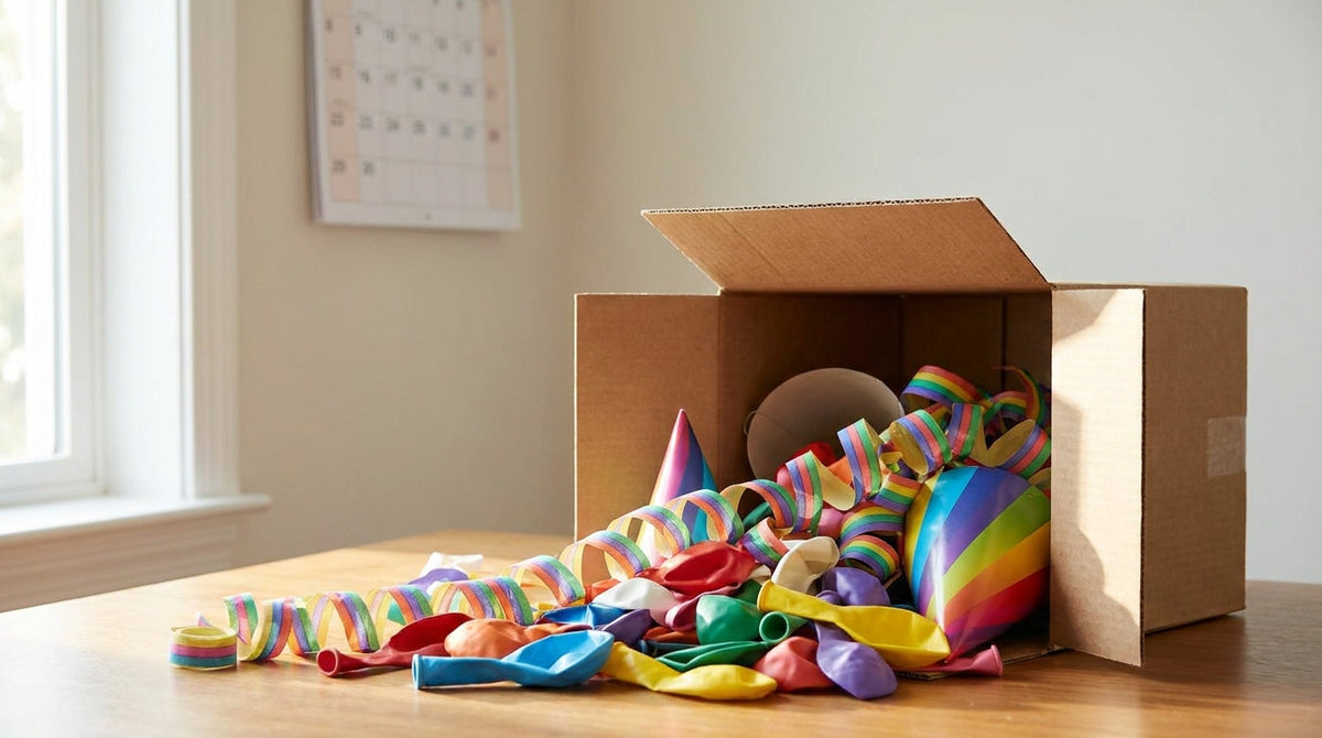 Colorful party supplies like balloons and paper goods spilling from a shipping box beside a calendar, representing why a few days late is a failed order for party supply brands.