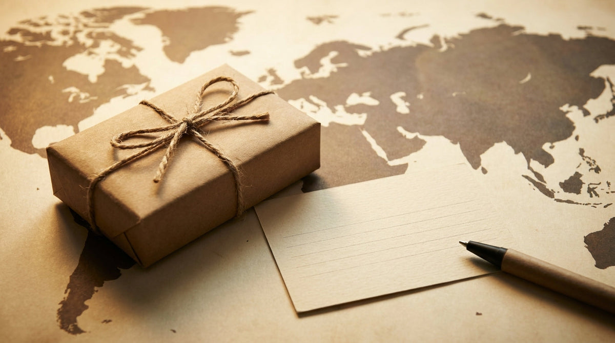 A parcel on a world map with customs paperwork, representing the cross-border margin problem and a post-purchase playbook for international orders.