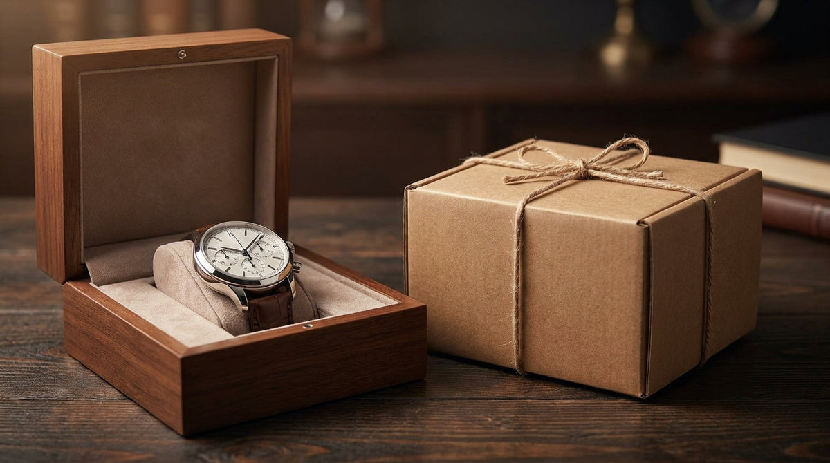 A luxury wristwatch in a premium box beside a small shipping parcel, representing why watch brands should own their shipping guarantee rather than outsource it.