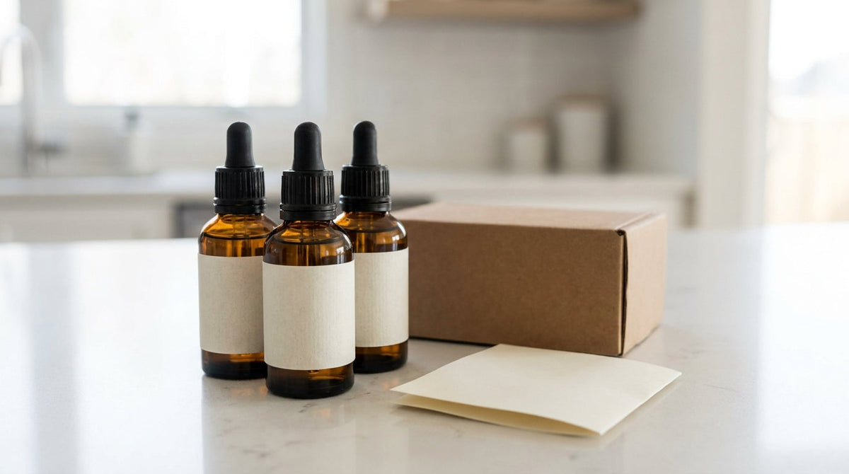 CBD wellness bottles beside a compliant shipping box and blank documentation, representing post-purchase infrastructure that makes compliance the default for CBD and wellness brands.
