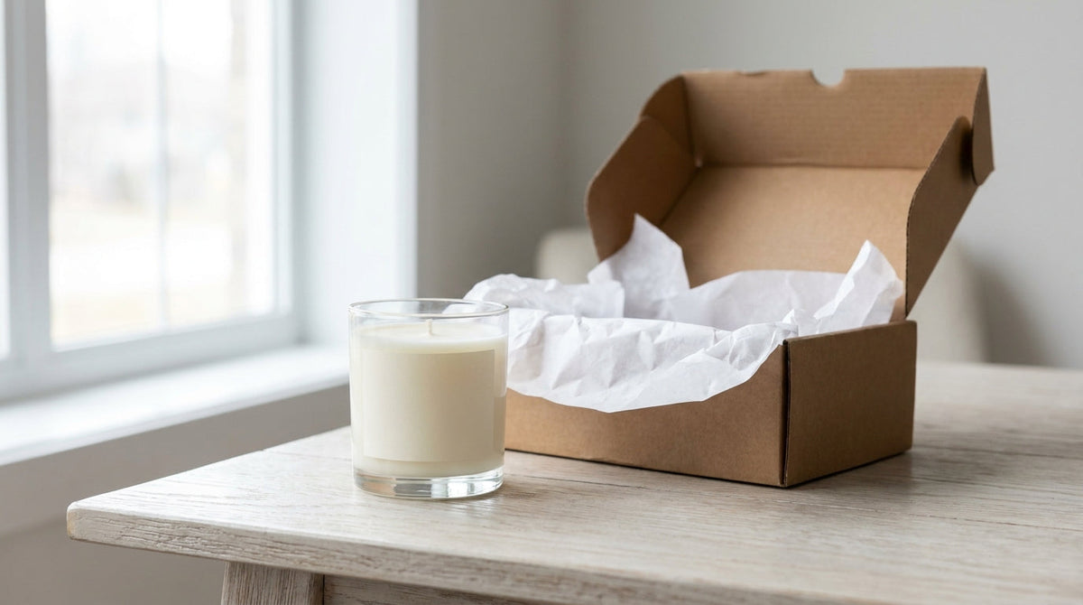A returned jar candle beside an open return mailer, representing the hidden cost of candle returns and a smarter way to handle them.