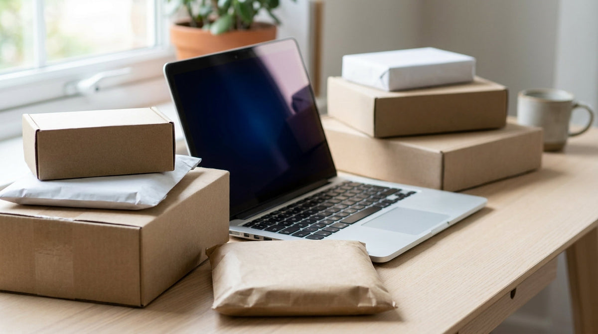 Parcels from several sales channels converging into one workflow at a desk, representing why multichannel sellers need one post-purchase system, not four.