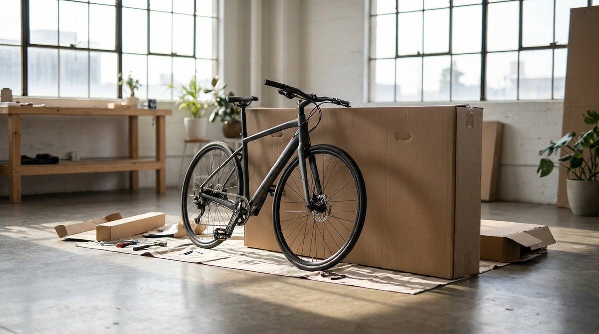 A partially assembled DTC bicycle beside a large shipping box, representing why DTC bike brands lose sales to big-box retailers before the bike ever ships.