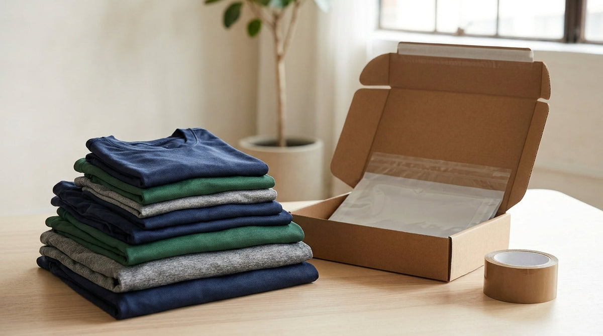 A stack of folded team jerseys in different sizes beside a return mailer, representing why one wrong jersey size shouldn't return the whole group order batch.