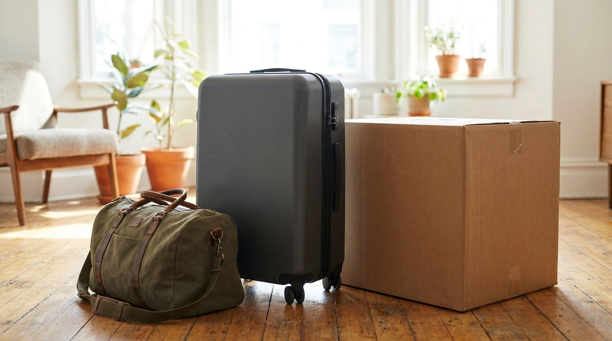 A hardshell suitcase and travel duffel beside a shipping box, representing why luggage and travel gear brands cannot afford slow fulfillment.