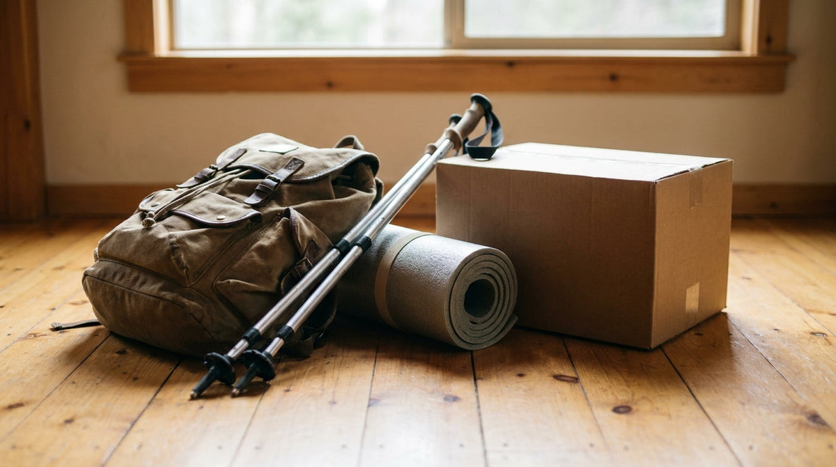 Outdoor gear like a backpack and trekking poles beside a shipping box, representing why outdoor gear brands cannot afford slow shipping.