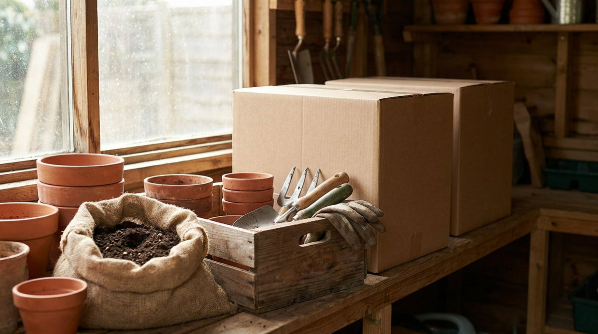 Garden and lawn supplies like pots and tools beside oversized shipping boxes, representing why volume-committed carrier contracts are a bad deal for garden and lawn brands.