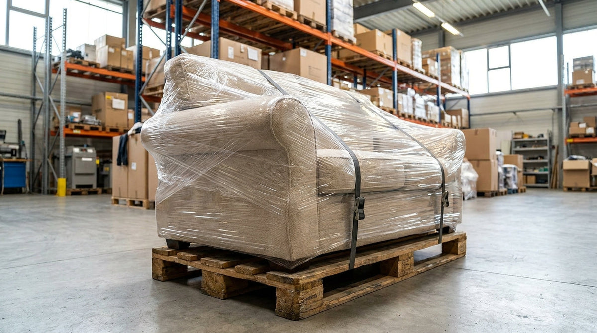 A wrapped furniture piece on a freight pallet in a warehouse, representing fixing furniture damage, returns, rates and delivery as one system.