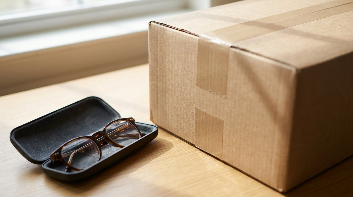 A pair of eyeglasses in a small case beside an oversized shipping box, representing why eyewear brands overpay to ship a small, light package.