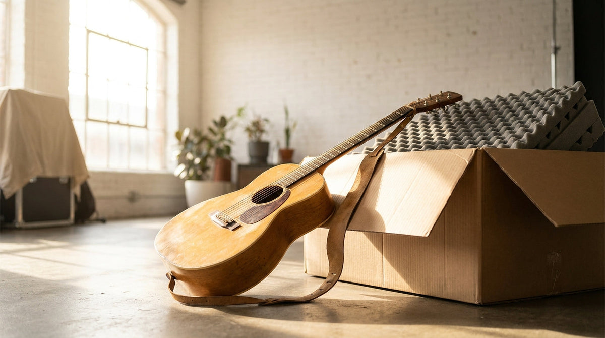 An acoustic guitar beside a padded shipping box, representing the complete post-purchase playbook for musical instrument brands.