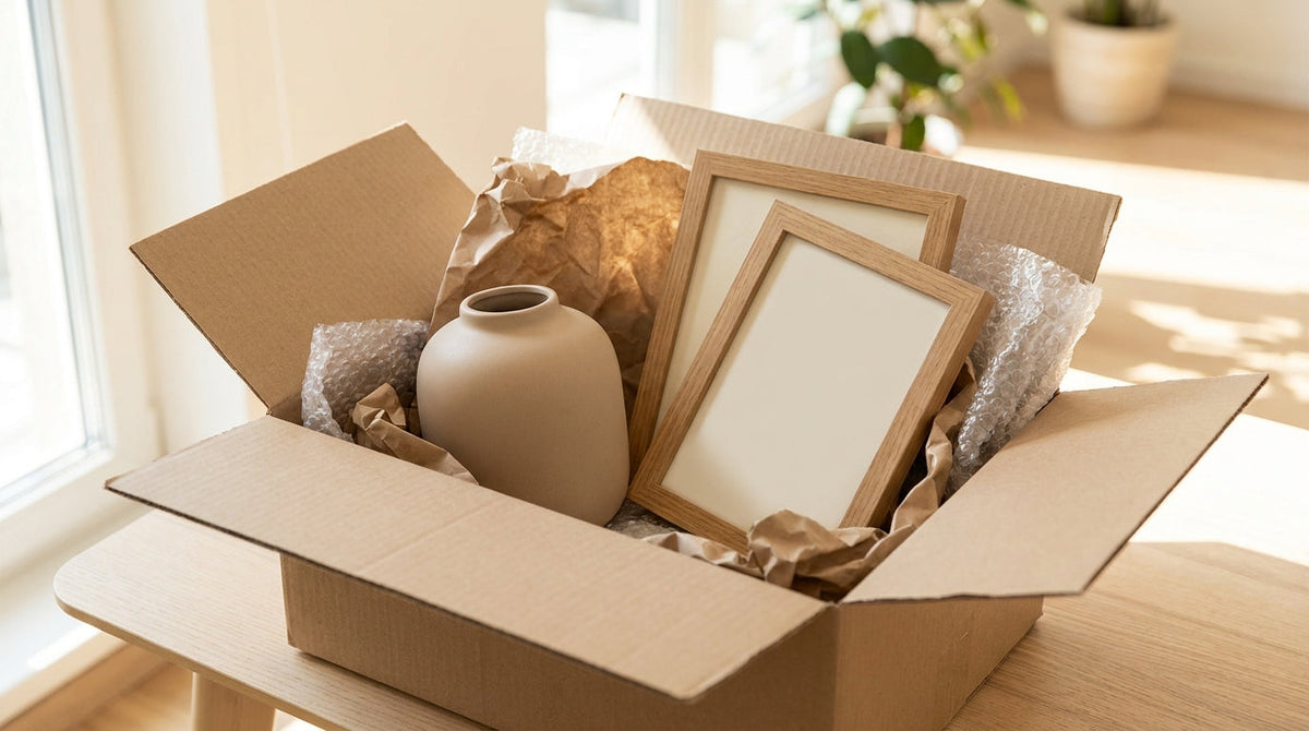 Home decor items like a vase and frames packed with padding in a shipping box, representing why home decor brands need shipping rate flexibility, not carrier contracts.