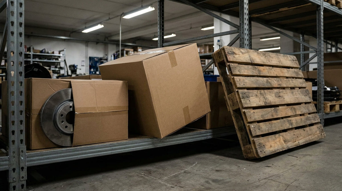 Boxed auto parts on a warehouse shelf beside a freight pallet, representing how auto parts brands can stop overpaying on parcel and freight shipping.