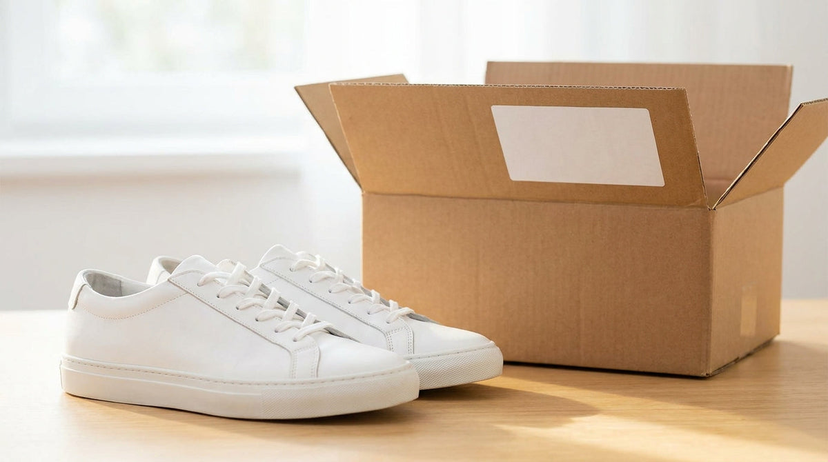 A pair of sneakers beside a shipping box and a shipping label, representing why footwear brands overpay for shipping and how to fix it without a contract.