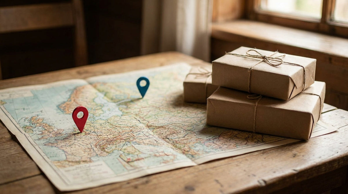 A map with two warehouse location pins and stacked parcels, representing the math behind opening a second fulfillment center for 48-hour SLA coverage.