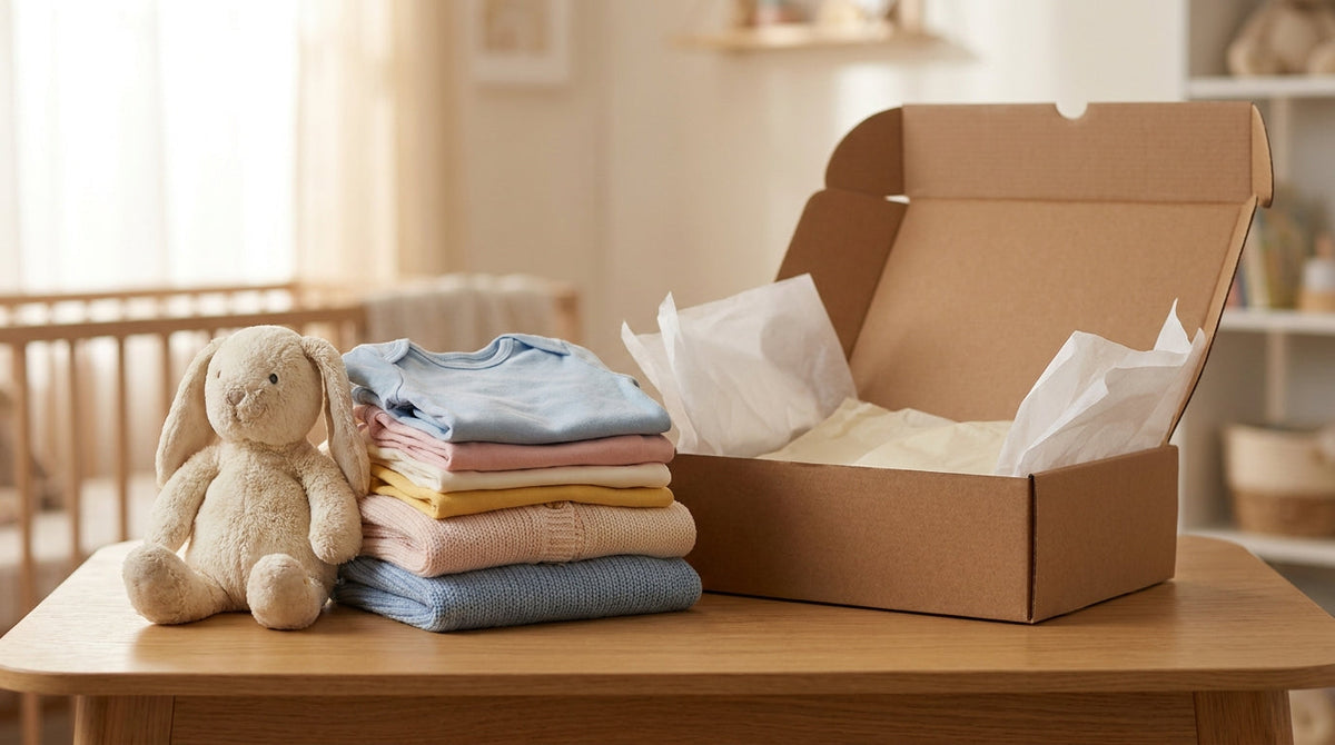 Soft baby clothing folded beside an open return mailer in a warm nursery, representing return policies that build trust with first-time parents.