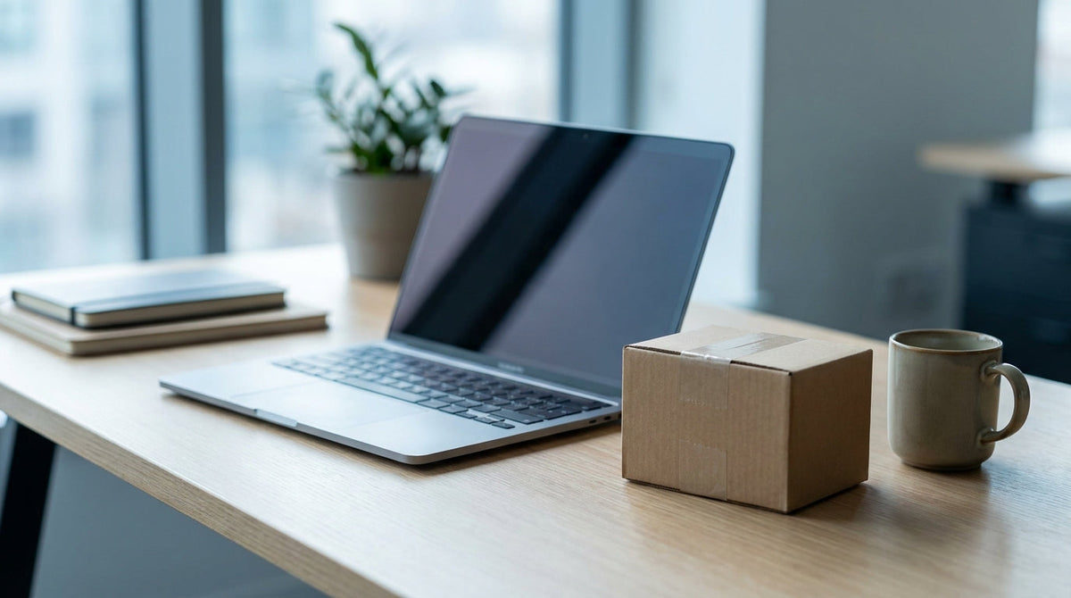 A developer workspace with a laptop and a shipping parcel on a clean desk, representing adding a post-purchase platform to a headless or custom Shopify checkout.