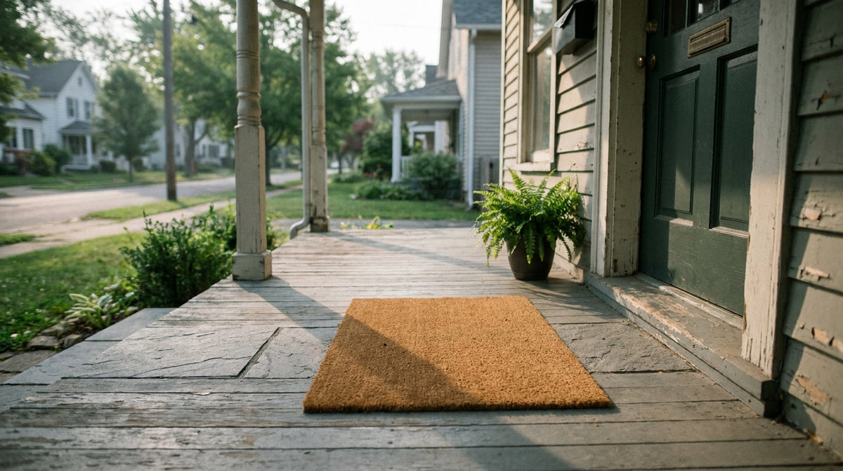 An empty residential doorstep with a doormat and no package, representing who owns the moment when a package goes missing.