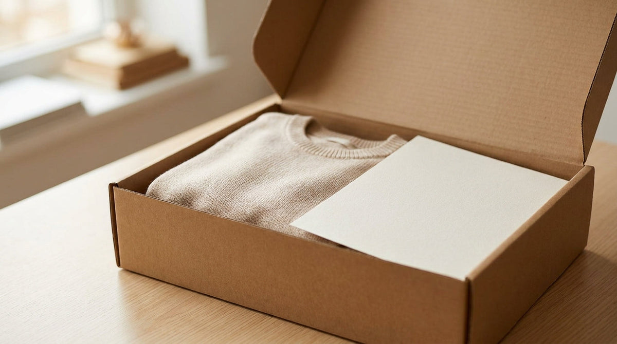 An open return mailer box with a folded item and packing slip on a bright desk, representing common merchant questions about switching returns platforms.