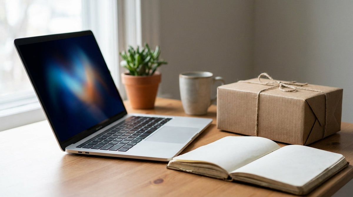 A laptop and a small parcel on a tidy desk, representing the questions merchants ask before turning on a checkout shipping guarantee.
