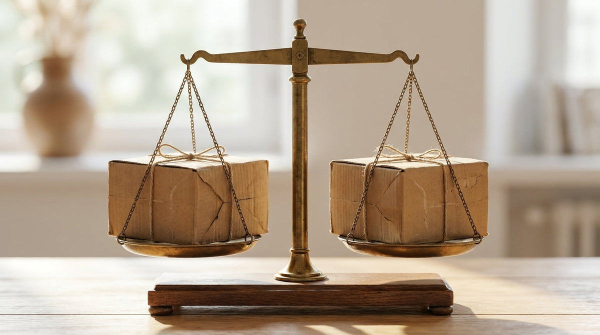 Two plain parcels positioned side by side on a balance scale, representing how to compare post-purchase resolution platforms.