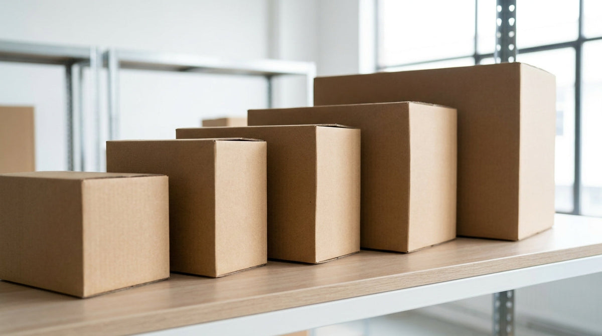 Several distinct plain parcels lined up uniformly on one shelf, representing standardizing a shipping guarantee and rate strategy across a multi-brand portfolio.